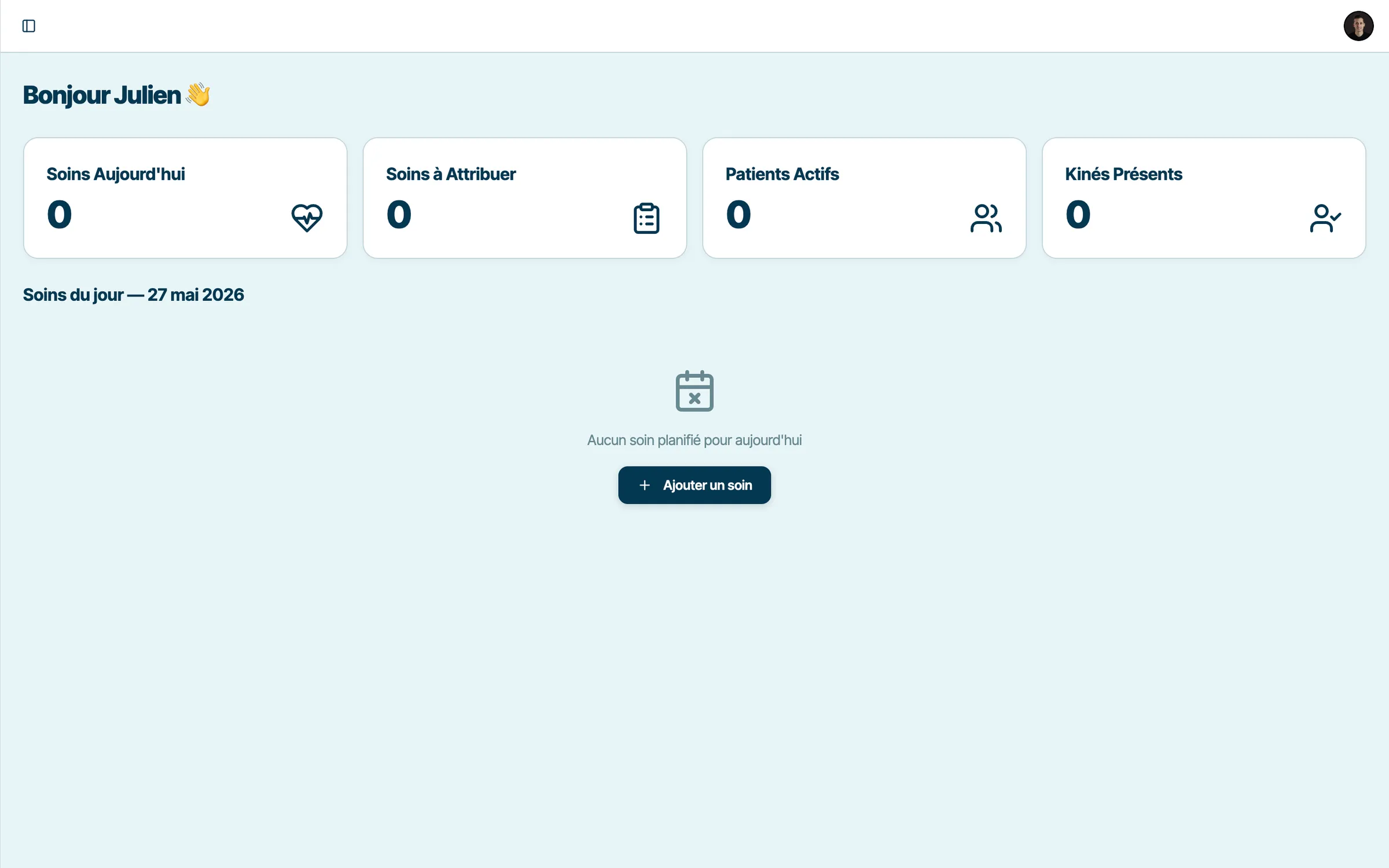 Le tableau de bord de KineFlow : les quatre compteurs du jour et les soins du jour