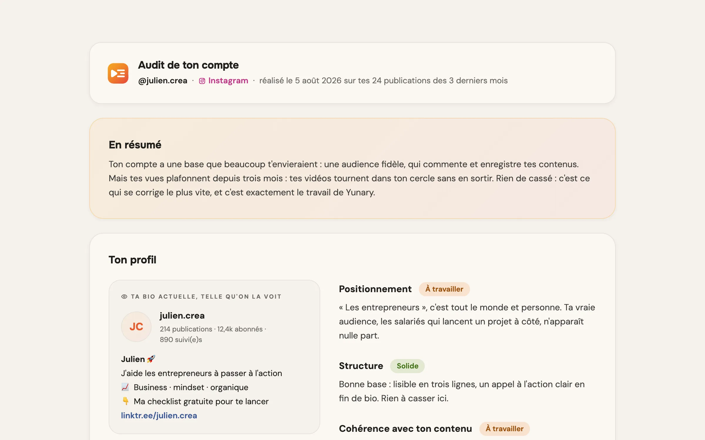 La fiche d'audit d'un compte dans Yunary : le résumé, puis le profil du créateur