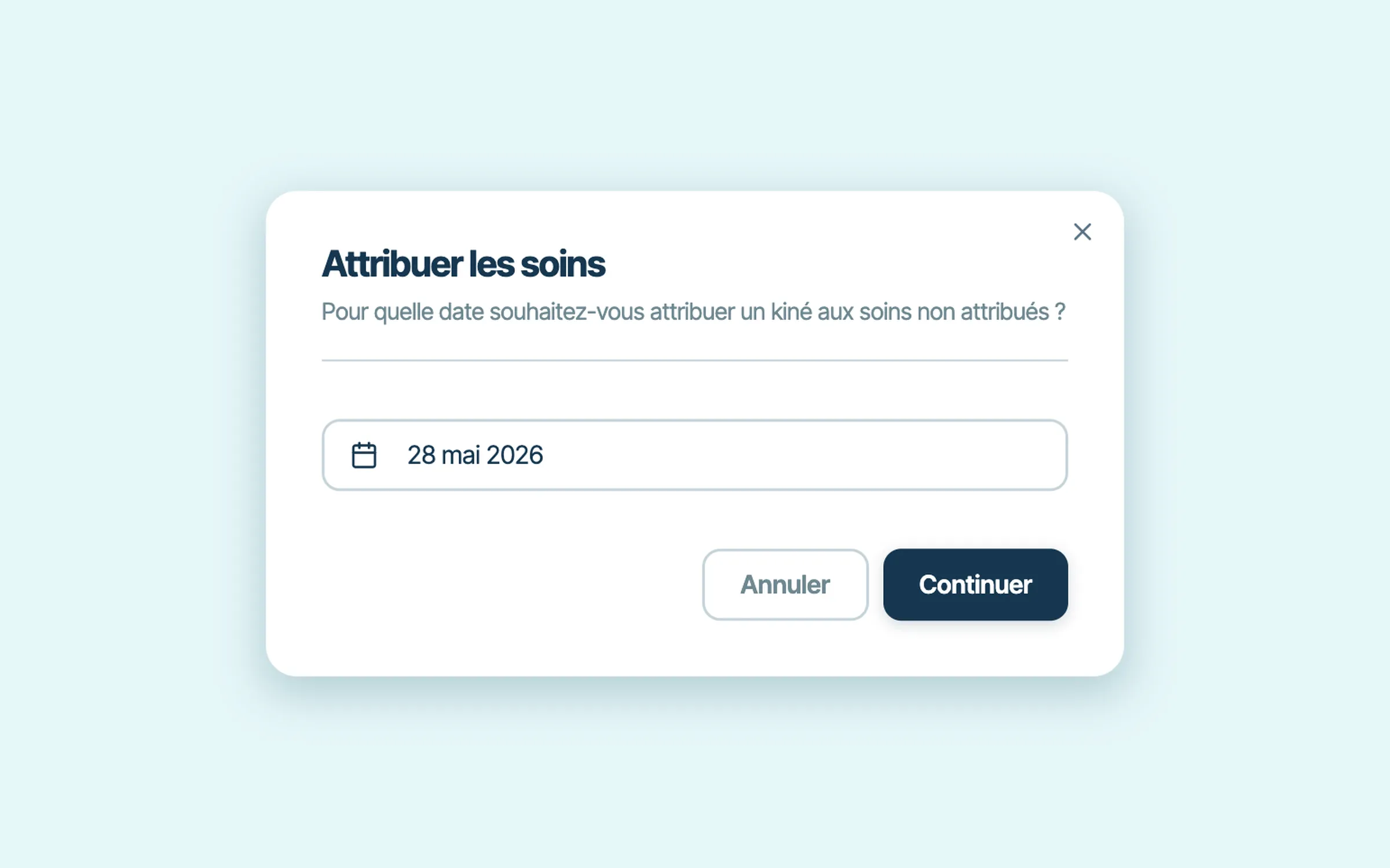 La fenêtre Attribuer les soins de KineFlow : le choix de la date des soins à attribuer