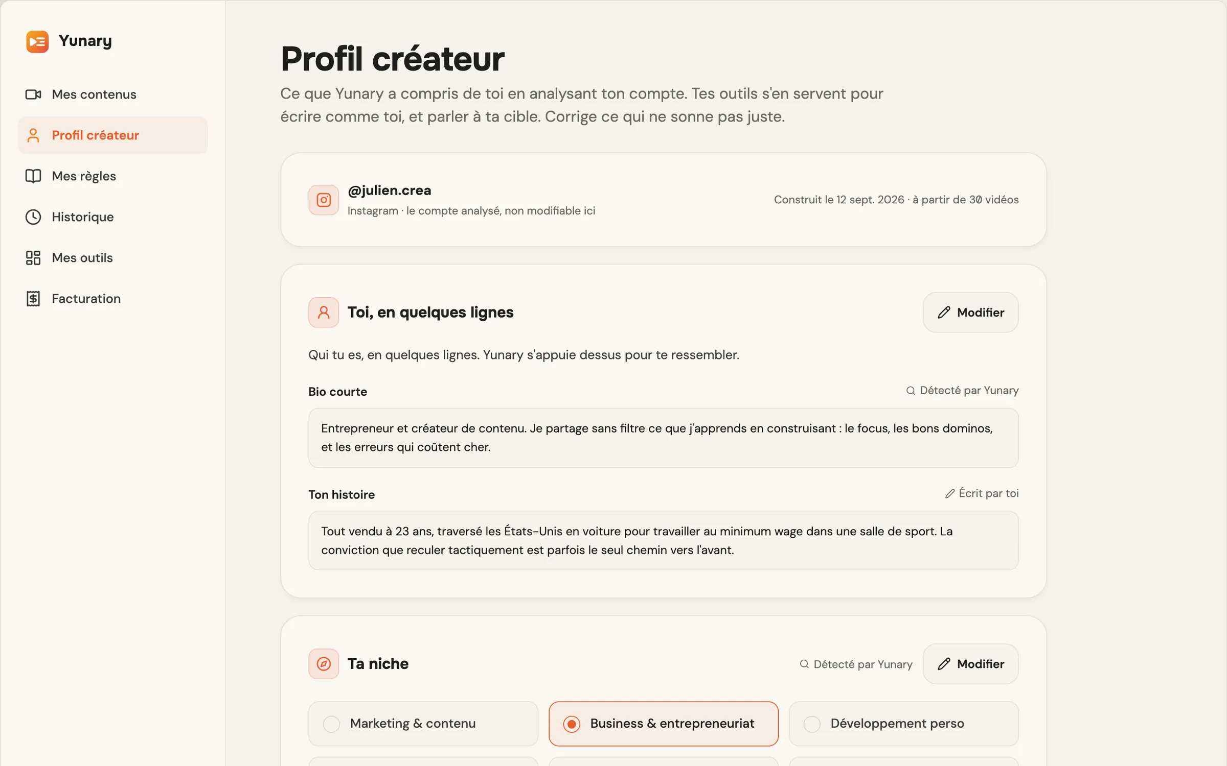 L'écran Profil créateur de Yunary : ce que Yunary a compris du créateur, sa bio, son histoire et sa niche