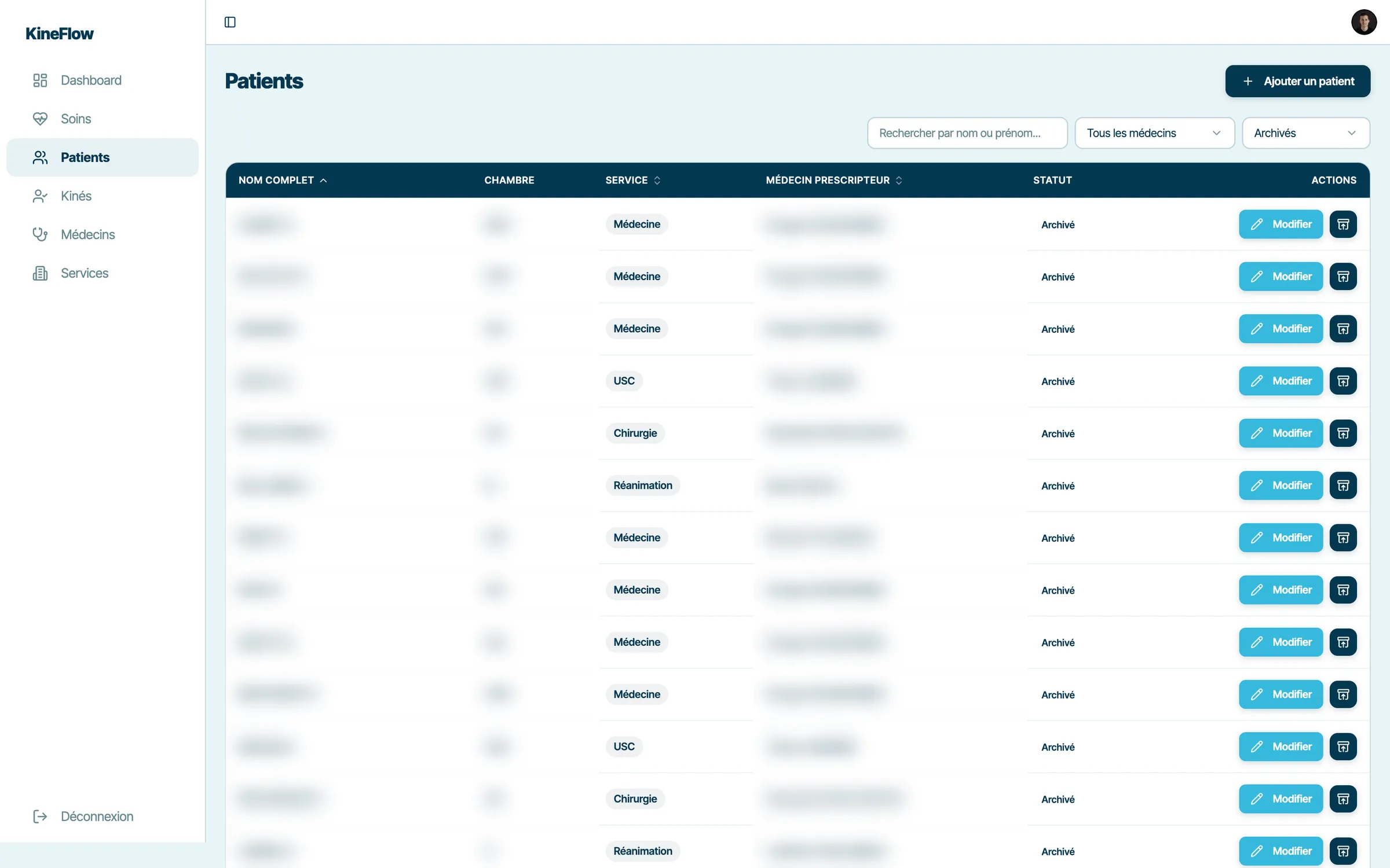 La liste des patients de KineFlow, avec leur chambre, leur service et leur médecin prescripteur (noms et chambres floutés)