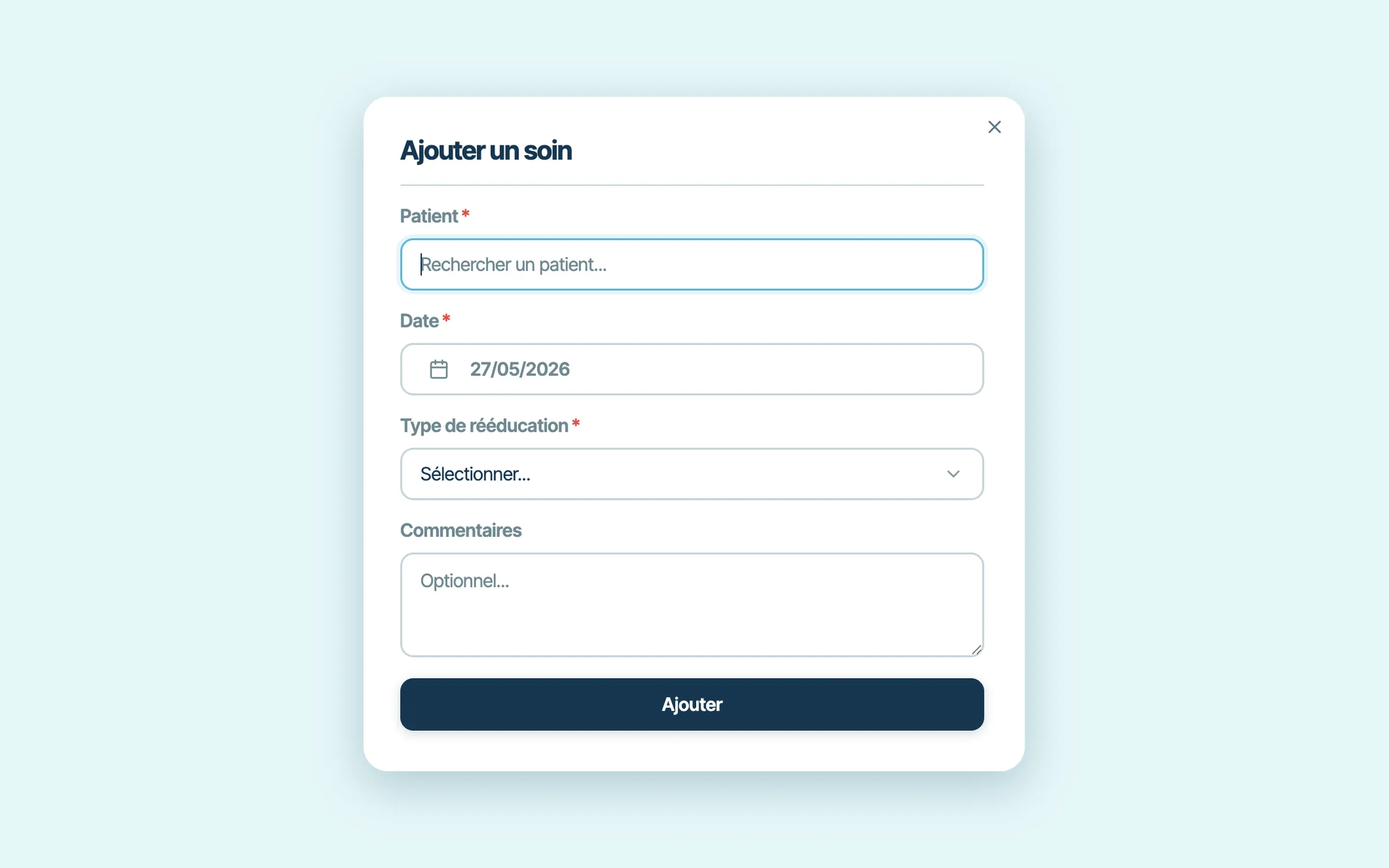 La fenêtre Ajouter un soin de KineFlow : patient, date, type de rééducation et commentaires