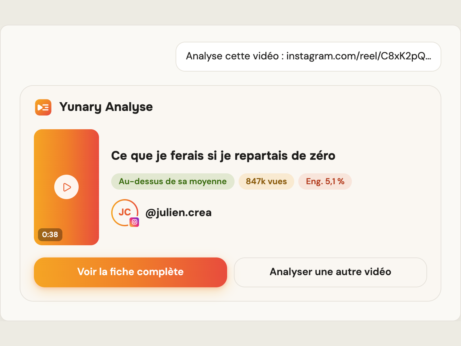 Maquette du résultat d'une analyse dans la conversation Claude : la vidéo, ses vues, son engagement et le bouton Voir la fiche complète