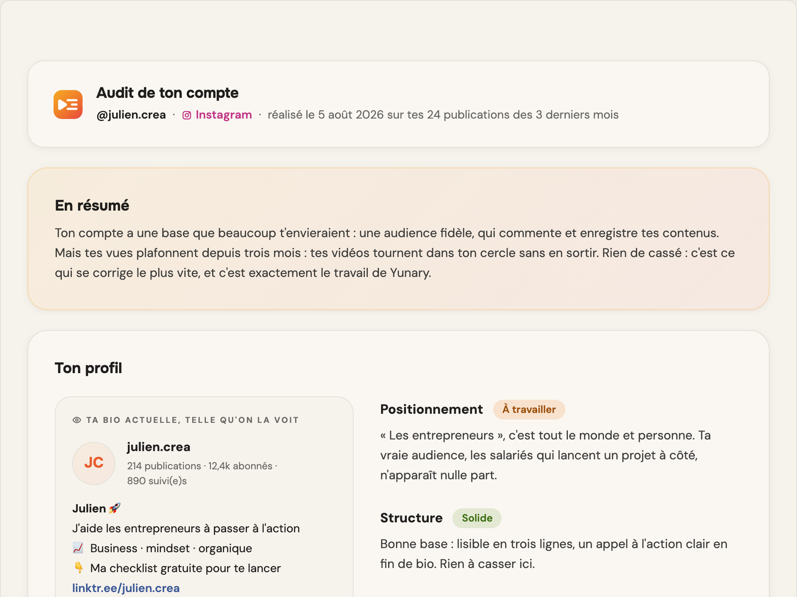 Maquette de l'audit d'un compte en plein écran : le résumé de l'audit, puis le profil du créateur