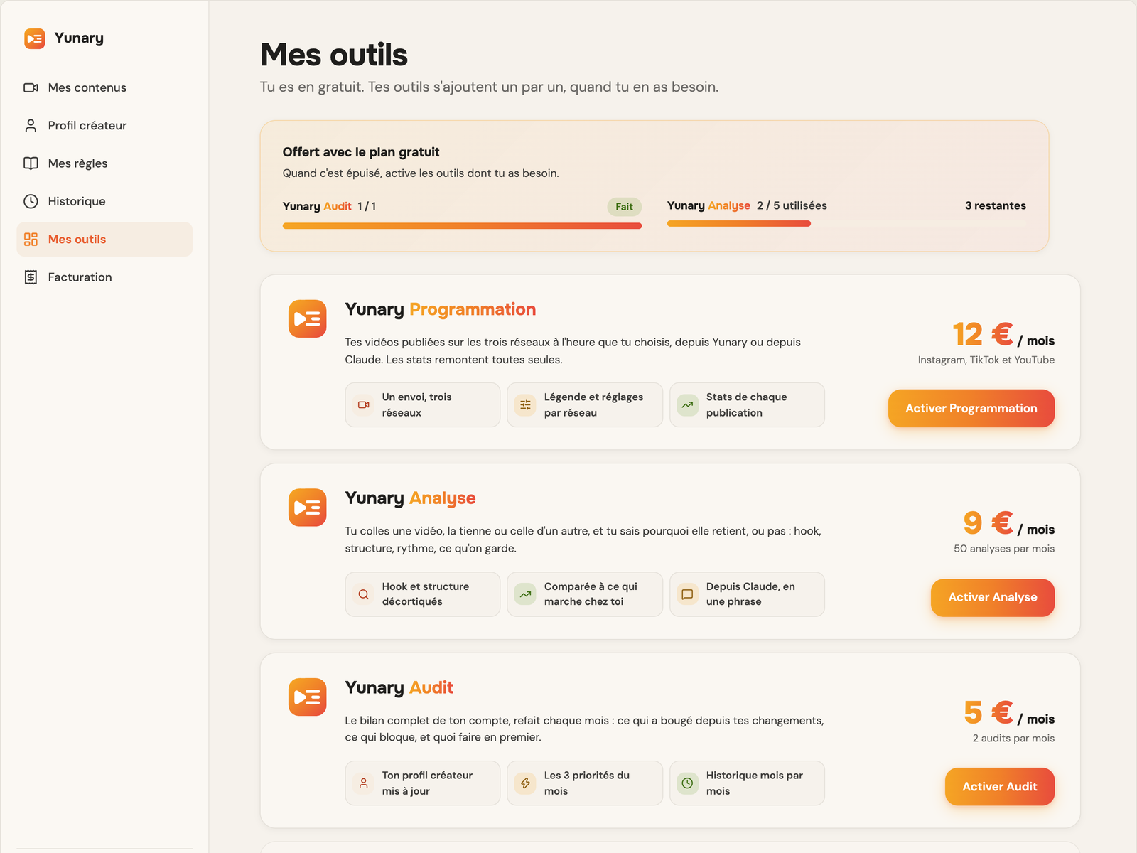 Maquette de l'écran Mes outils avec l'offre gratuite : Programmation, Analyse et Audit, avec leur prix