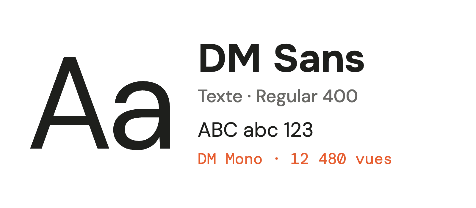 Spécimen de la typo du texte de Yunary : DM Sans en Regular 400, et DM Mono pour les données